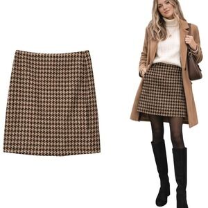 Talbots Womens Tan Black Houndstooth Wool Blend Mini Skirt Size 14